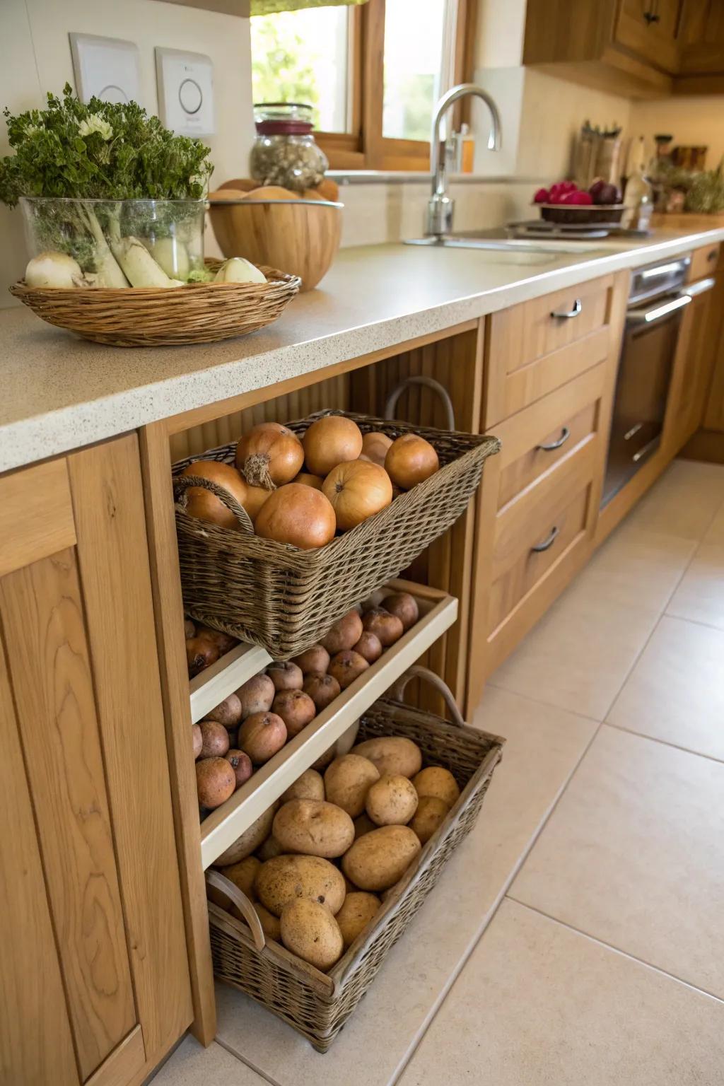 Countertop shelves create extra storage space for produce.