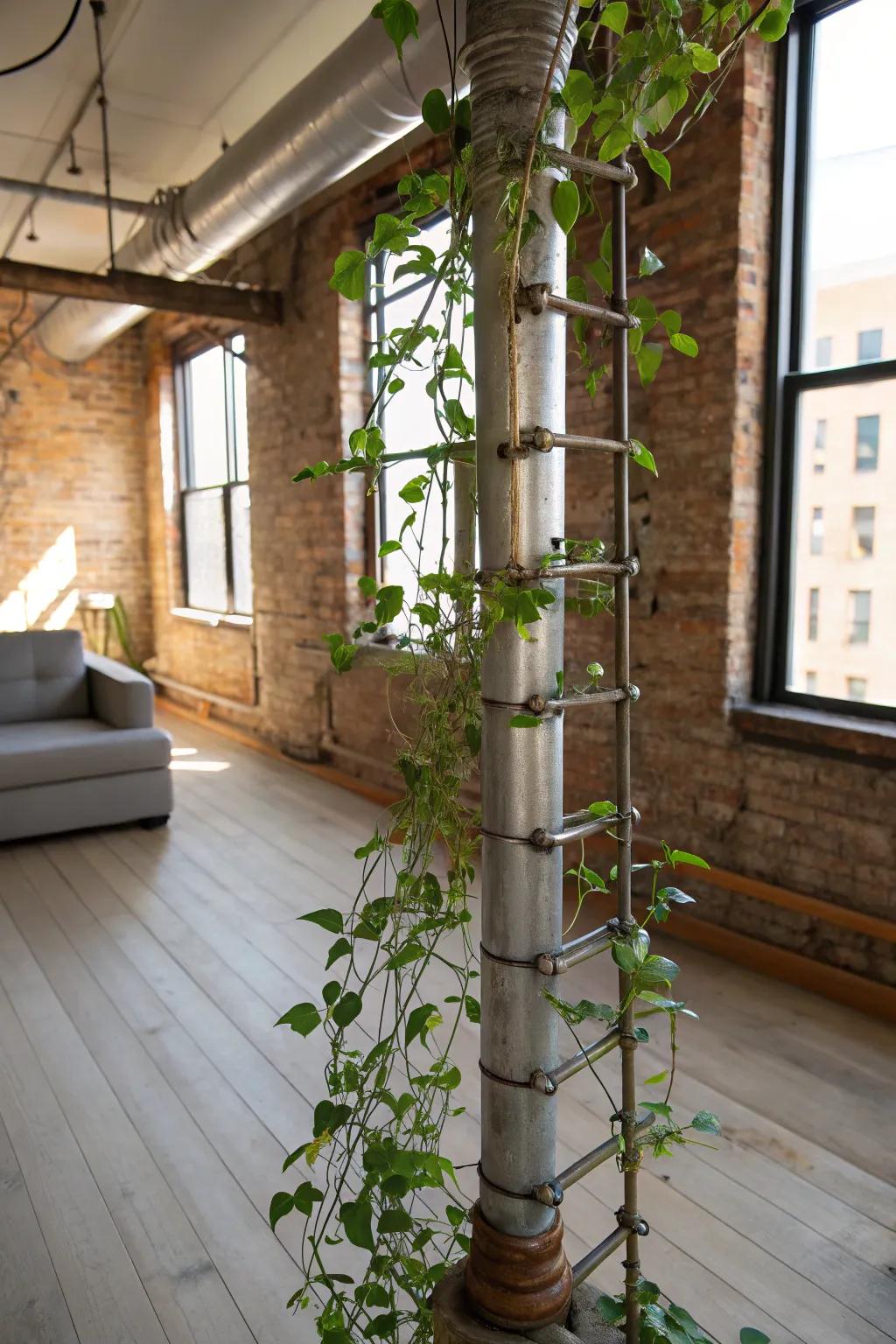 A loft-style living space featuring a wax plant on a factory pipe support.