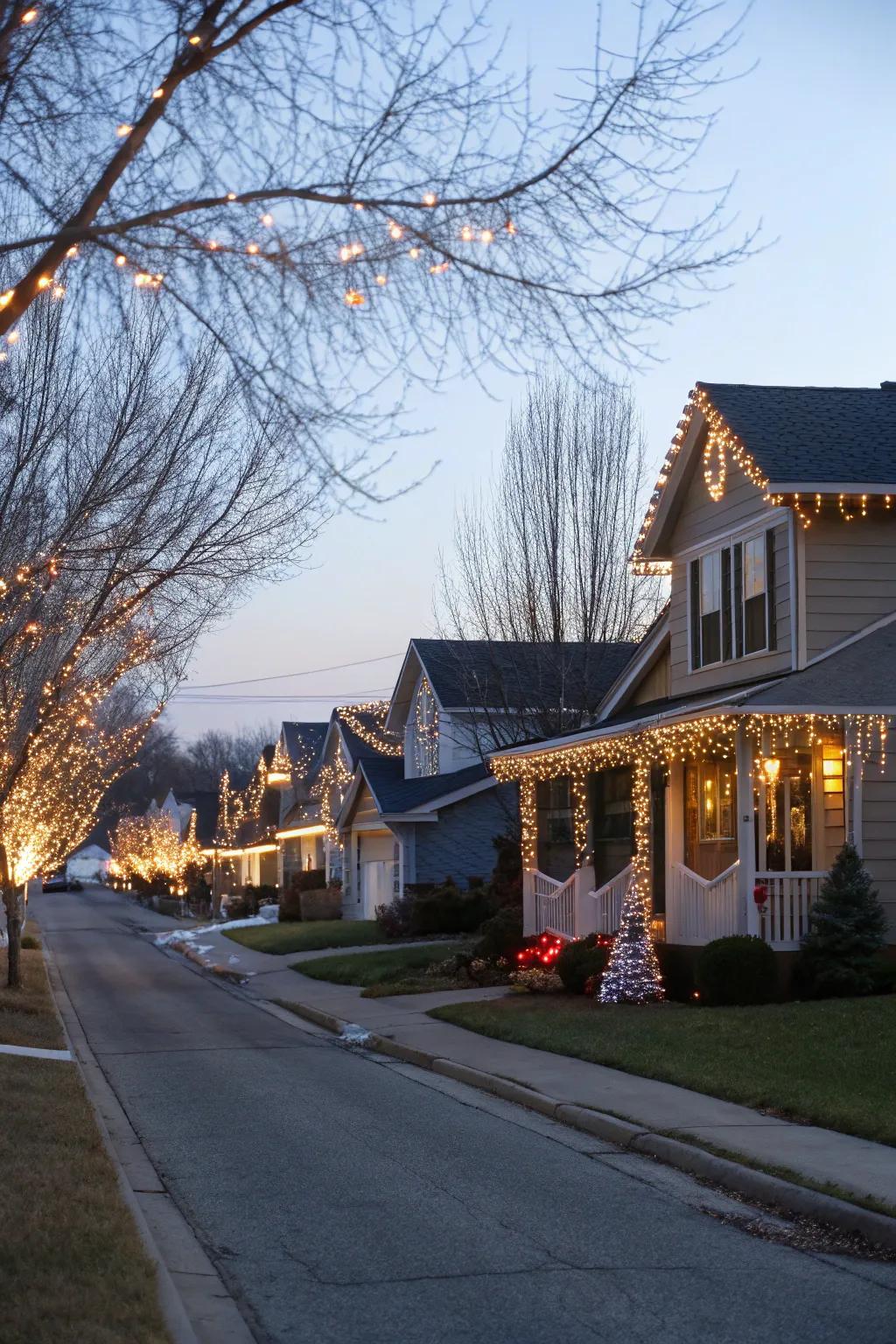 A neighborhood transformed into a cohesive winter wonderland with glimmer strands.