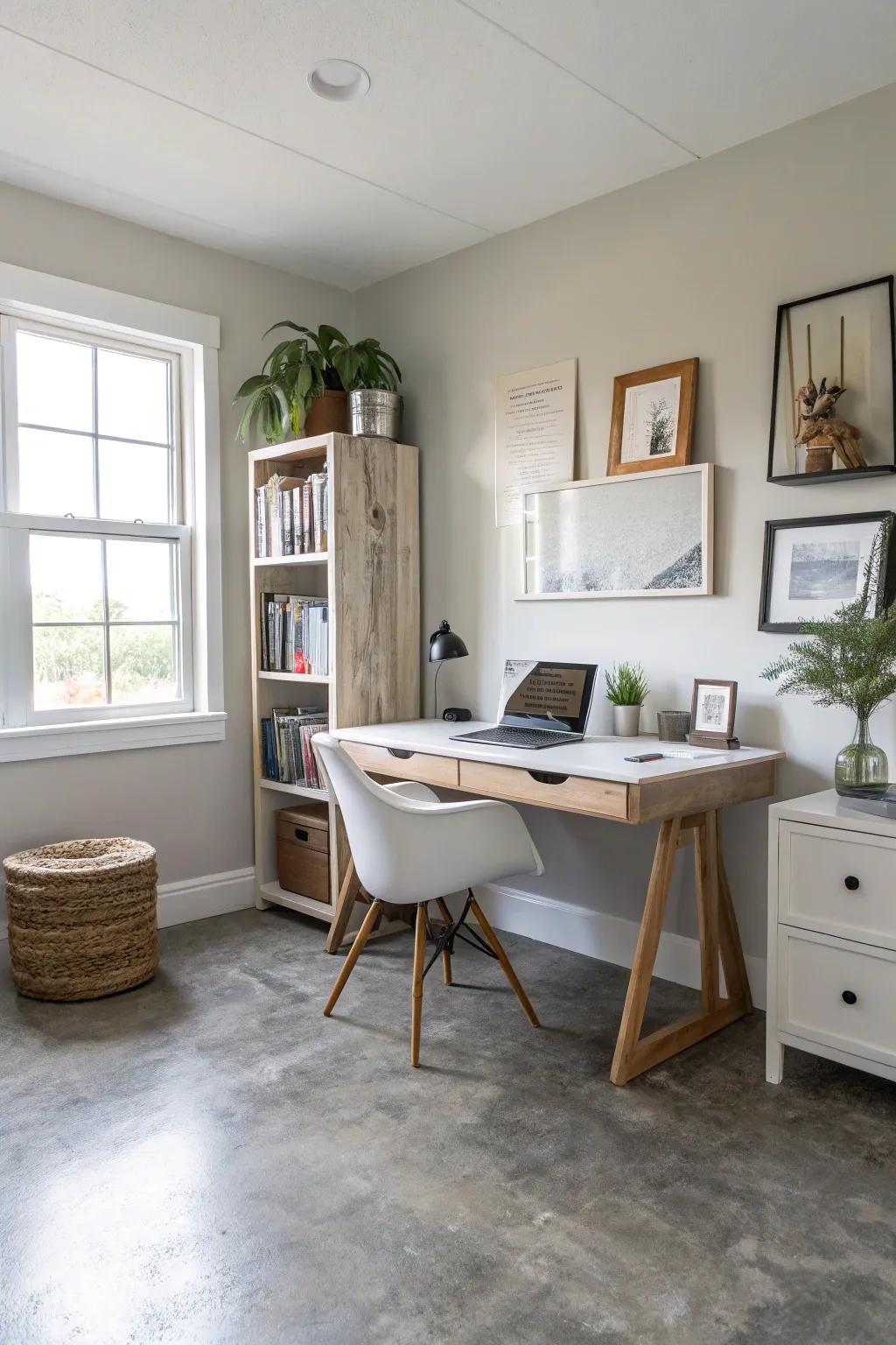 Understated, muted tones across a concrete floor furnish a flexible and eternal foundation for this home office.