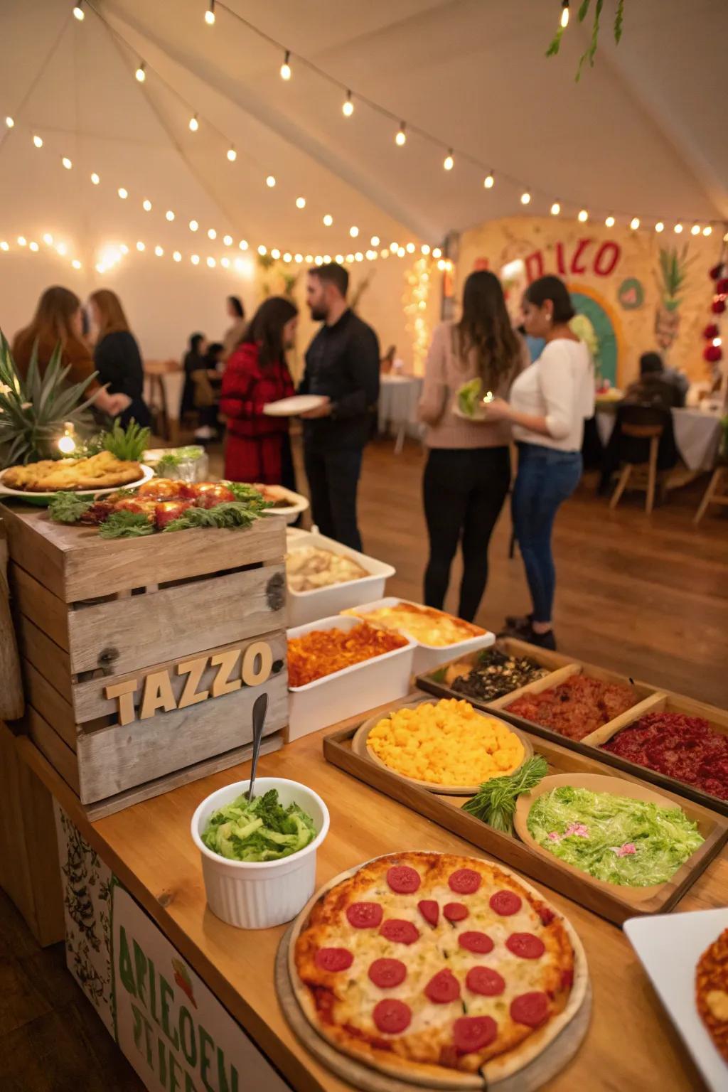 A fun indoor party featuring interactive food stations.