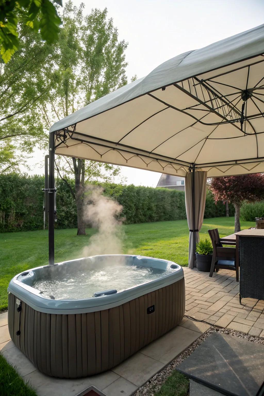 A canopy permits all-weather usage of the bubbling tub.