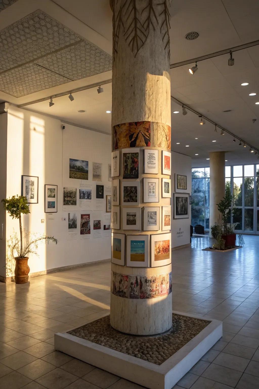 Columns serve as personal art displays.