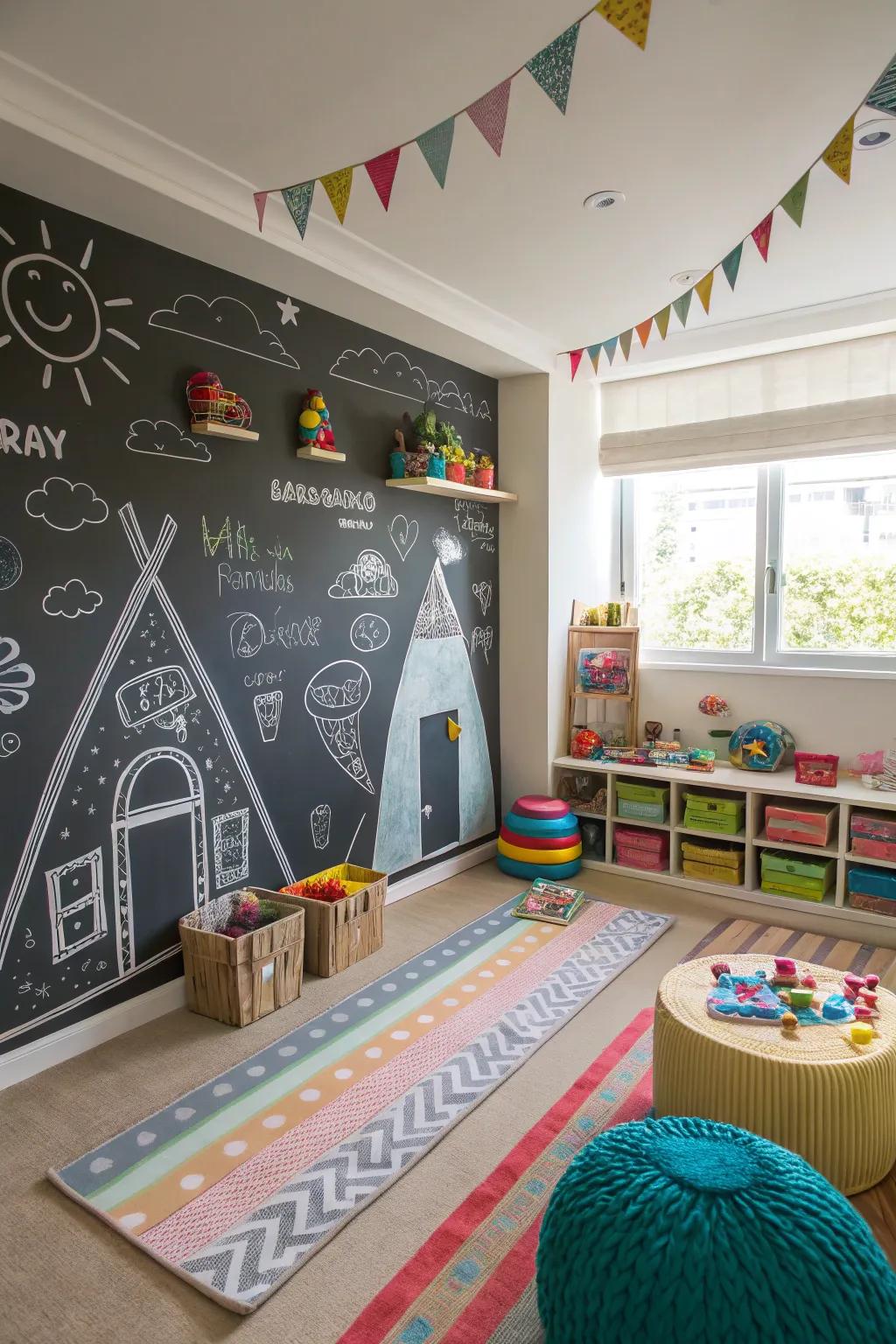 A playroom with interactive writing board decor, inviting endless creativity.