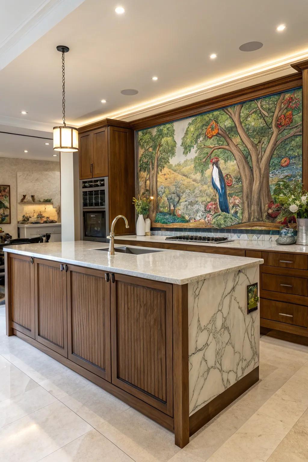 An artistic wall painting transforms this cooking hub centerpiece into a stunning gallery piece, merging artistry through function.