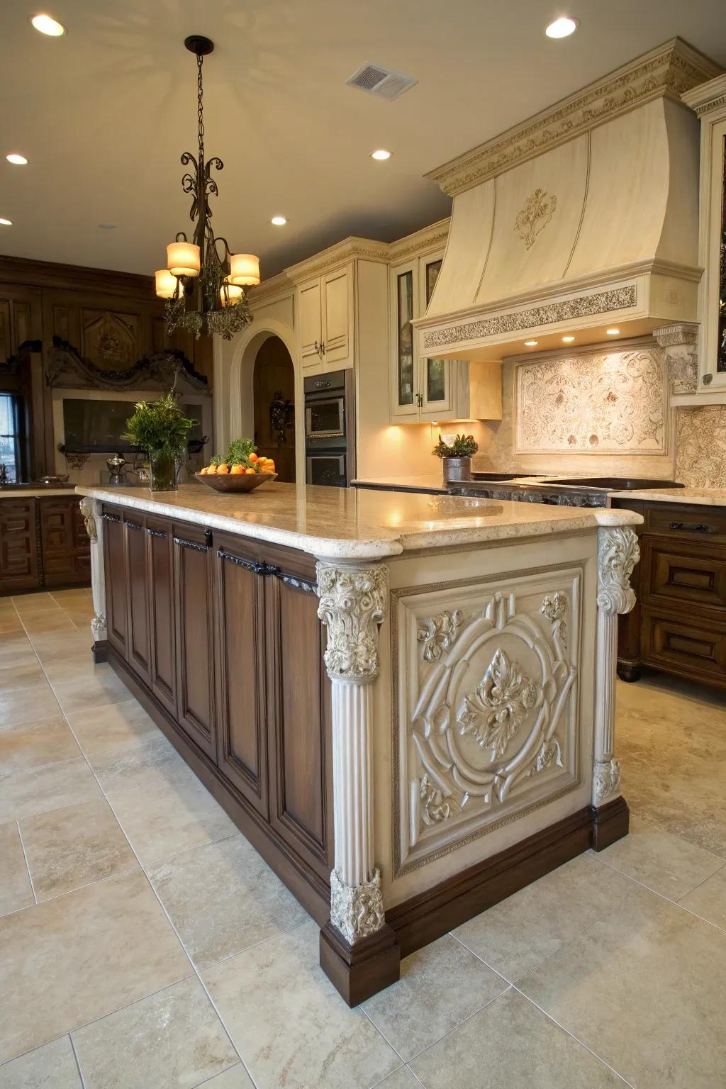 Unique island enhanced with creative etching in the surround for a personal touch.