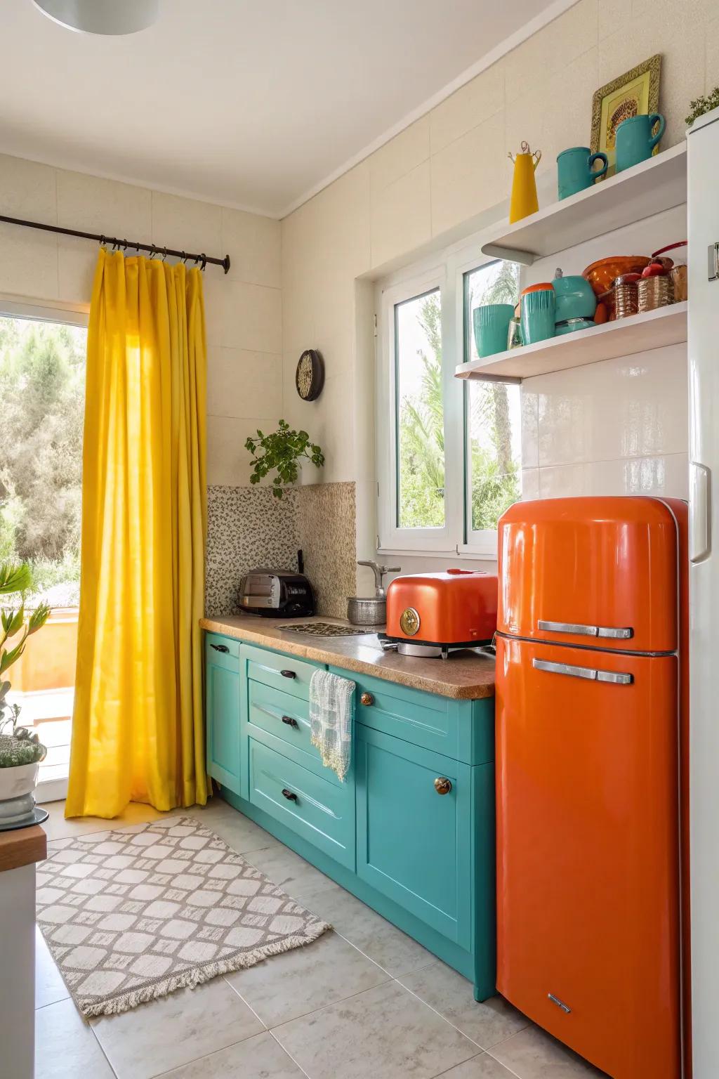 Unexpected color pops adding energy to the kitchen.