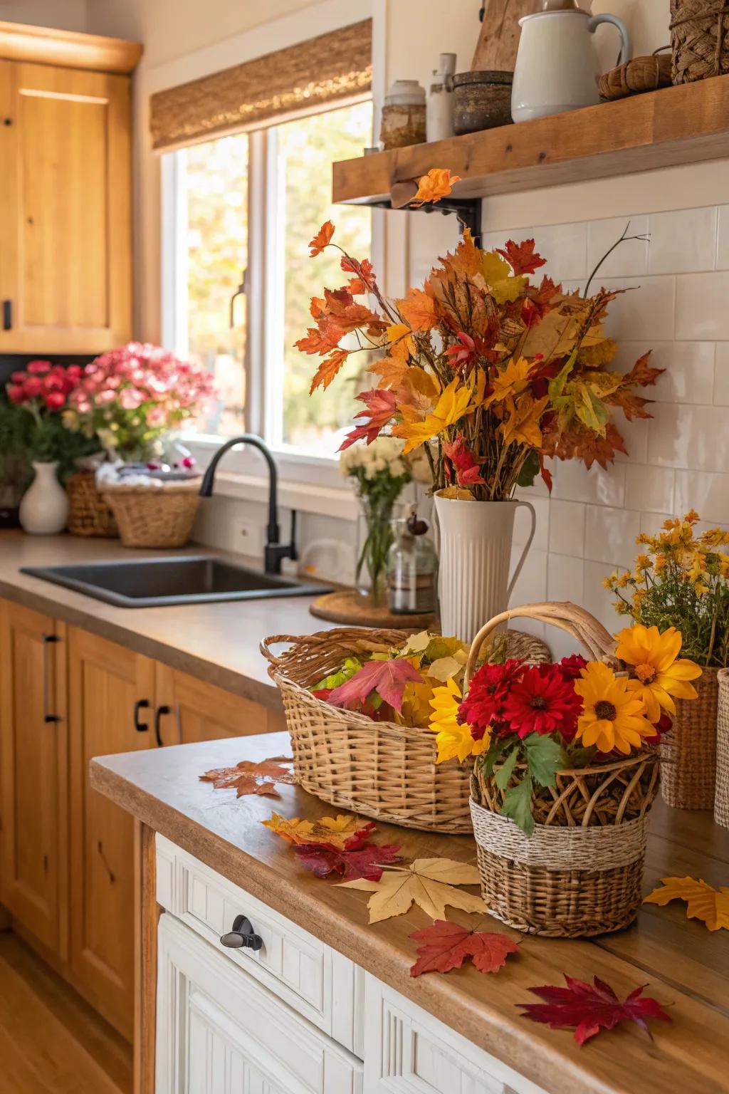 Seasonal decor keeps the kitchen area feeling fresh and lively throughout the year.
