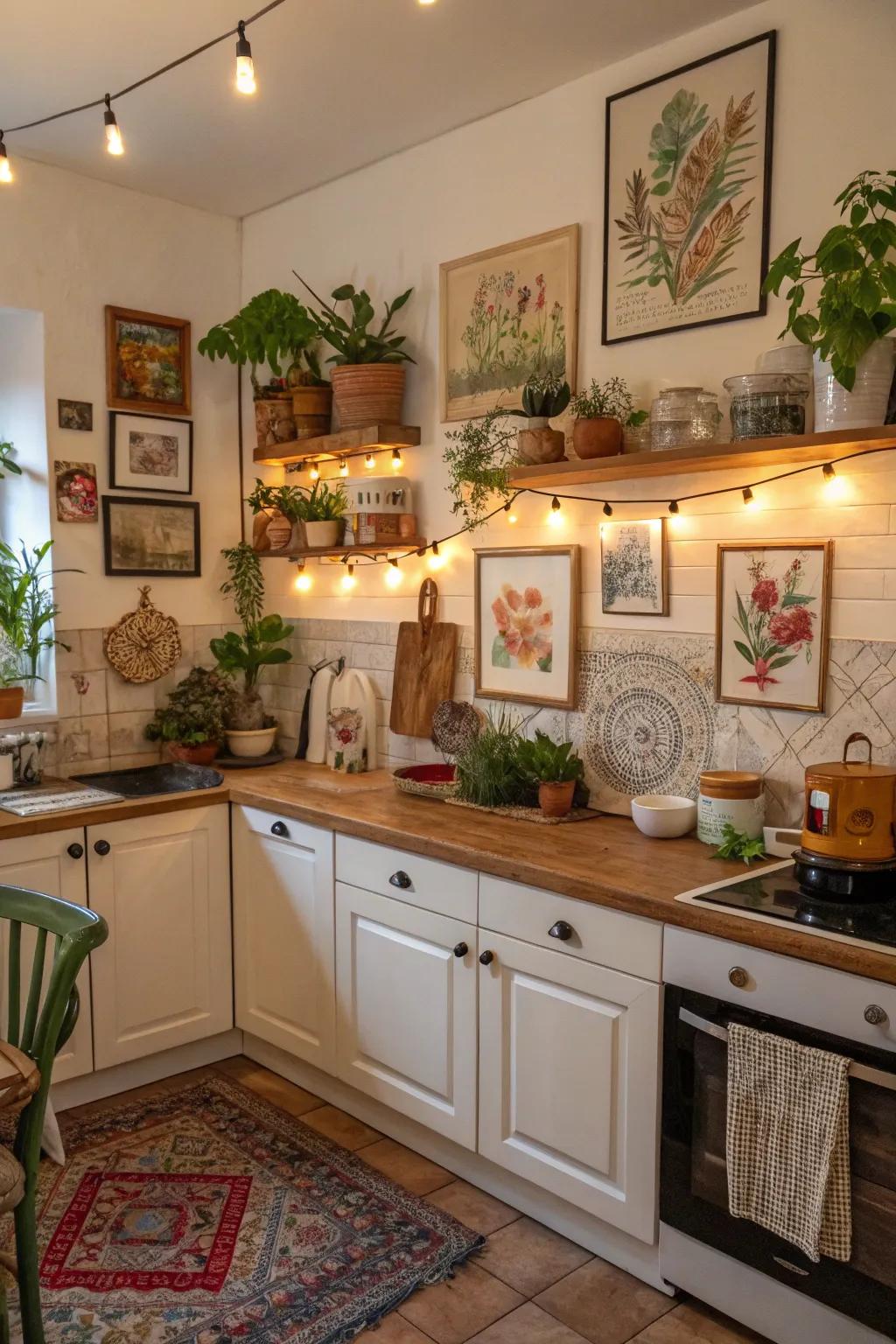 Craft and art transforming the kitchen into a personal sanctuary.