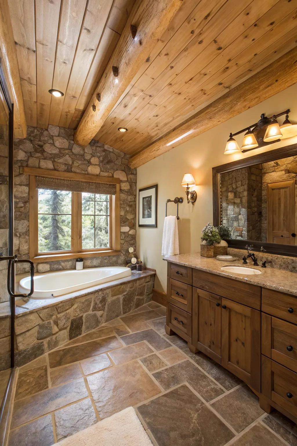 A rustic bathroom where wood-clad ceilings enhance the spa-like atmosphere.