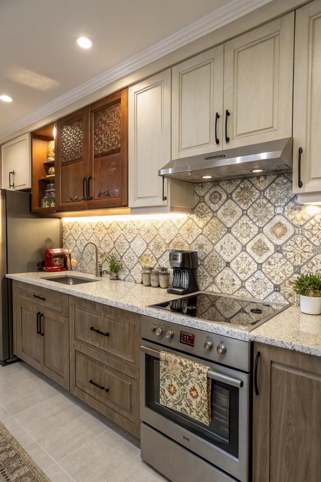 Distinct layering in synthetic backsplash incorporates subtle persona.