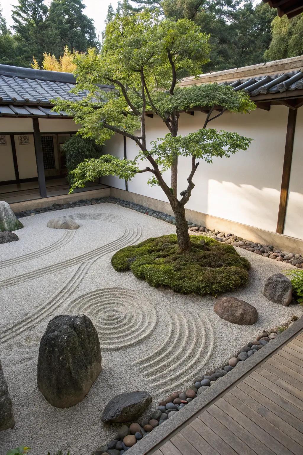A Contemplative garden delivers a composed, introspective landscape encircling trees.