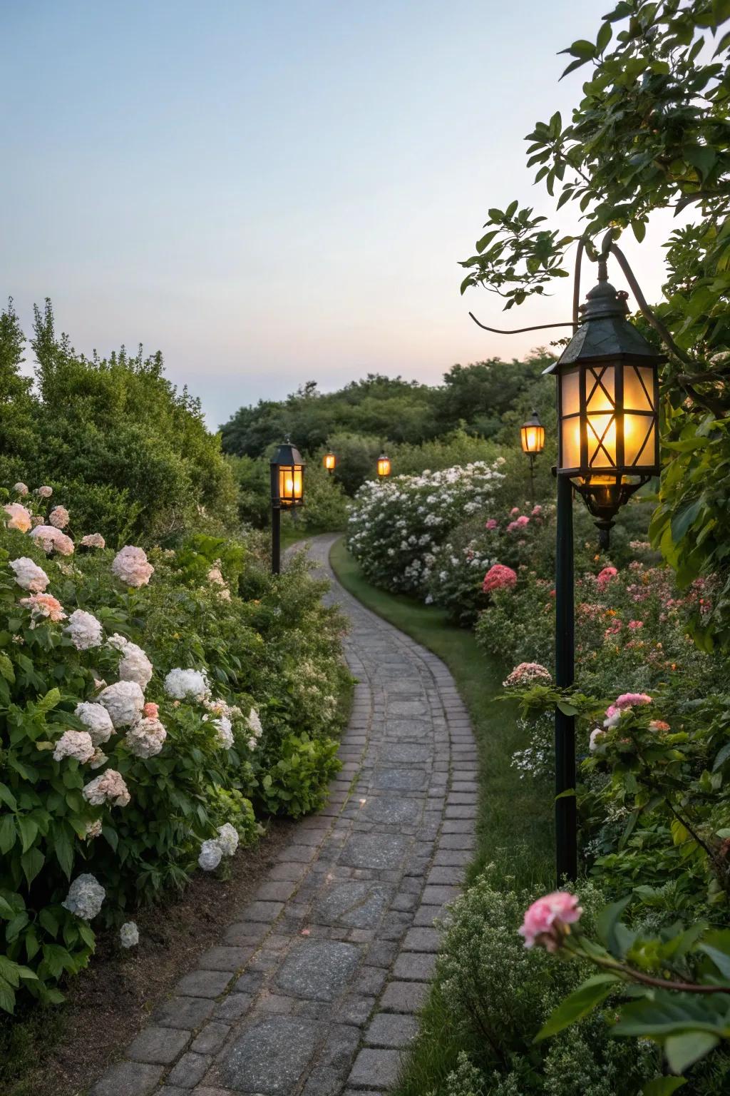 Ornamental lamps amplify garden appeal and utility.