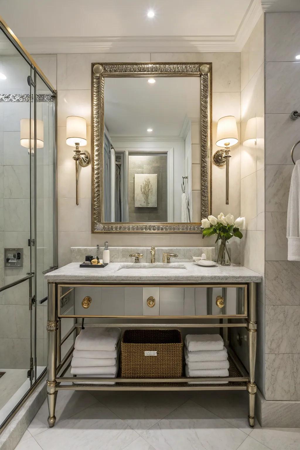 Metallic touches bring chic and modern flair to bathroom mirrors.