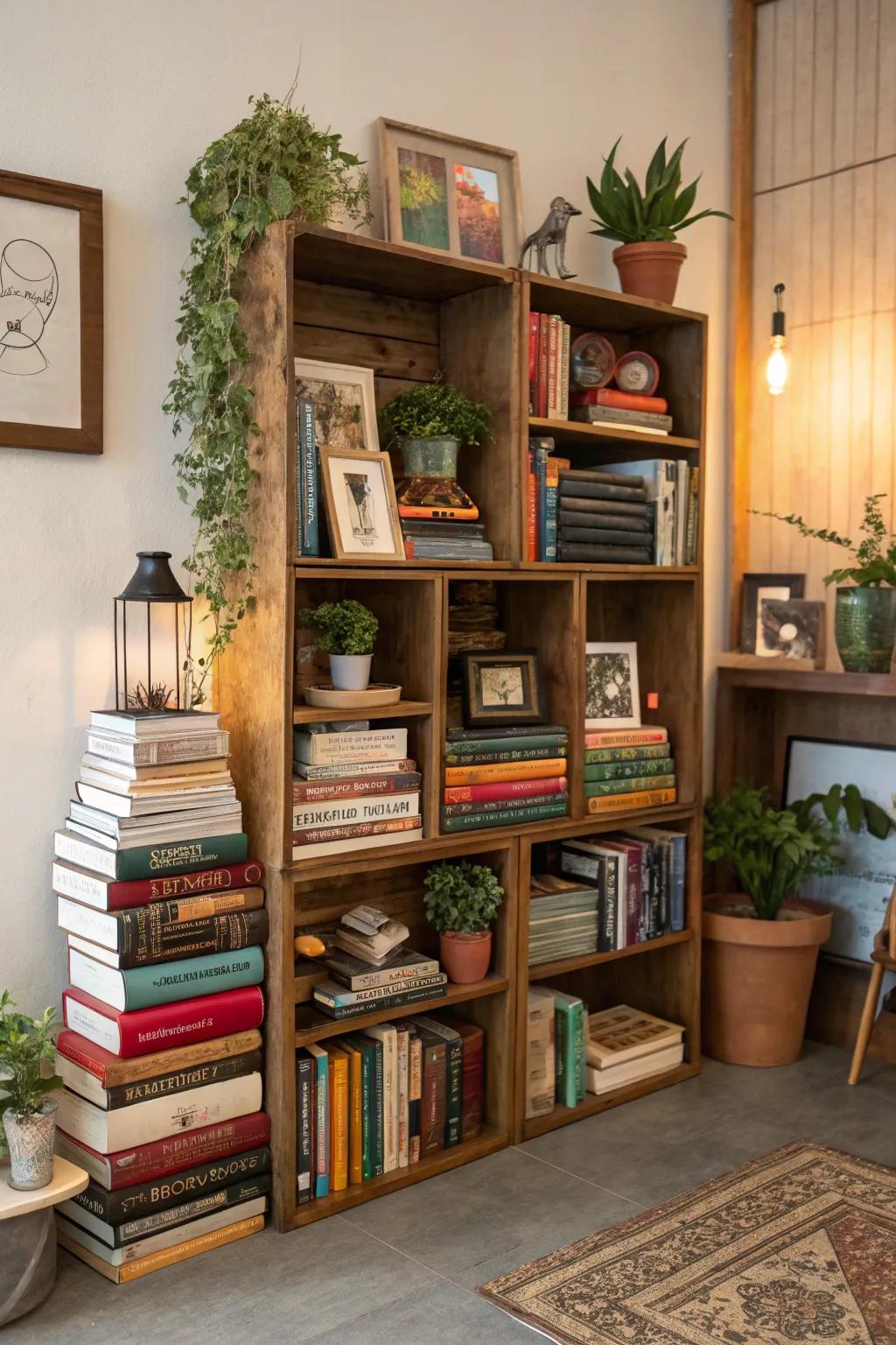 Asymmetry introduces a spirited and animated sensation to this creative bookshelf arrangement.