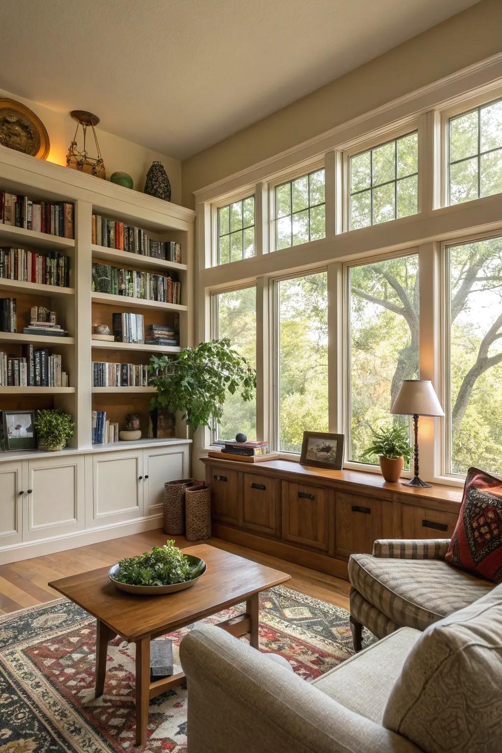 Bespoke shelving imparting utility and style to the window sector.