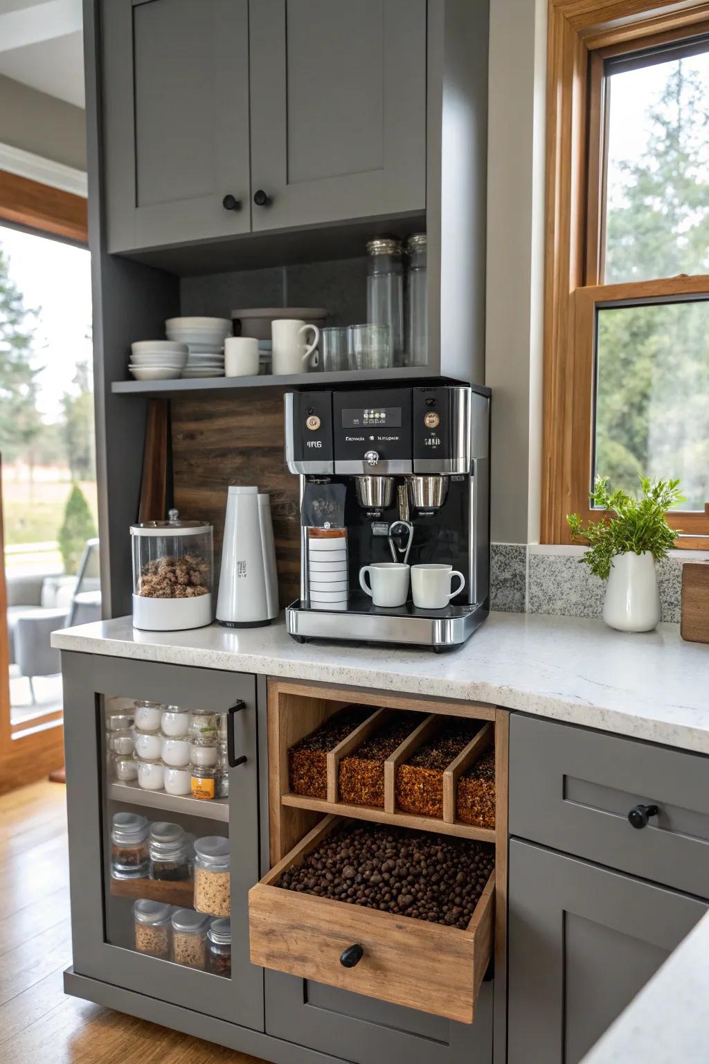 A kitchen with a convenient built-in coffee station.