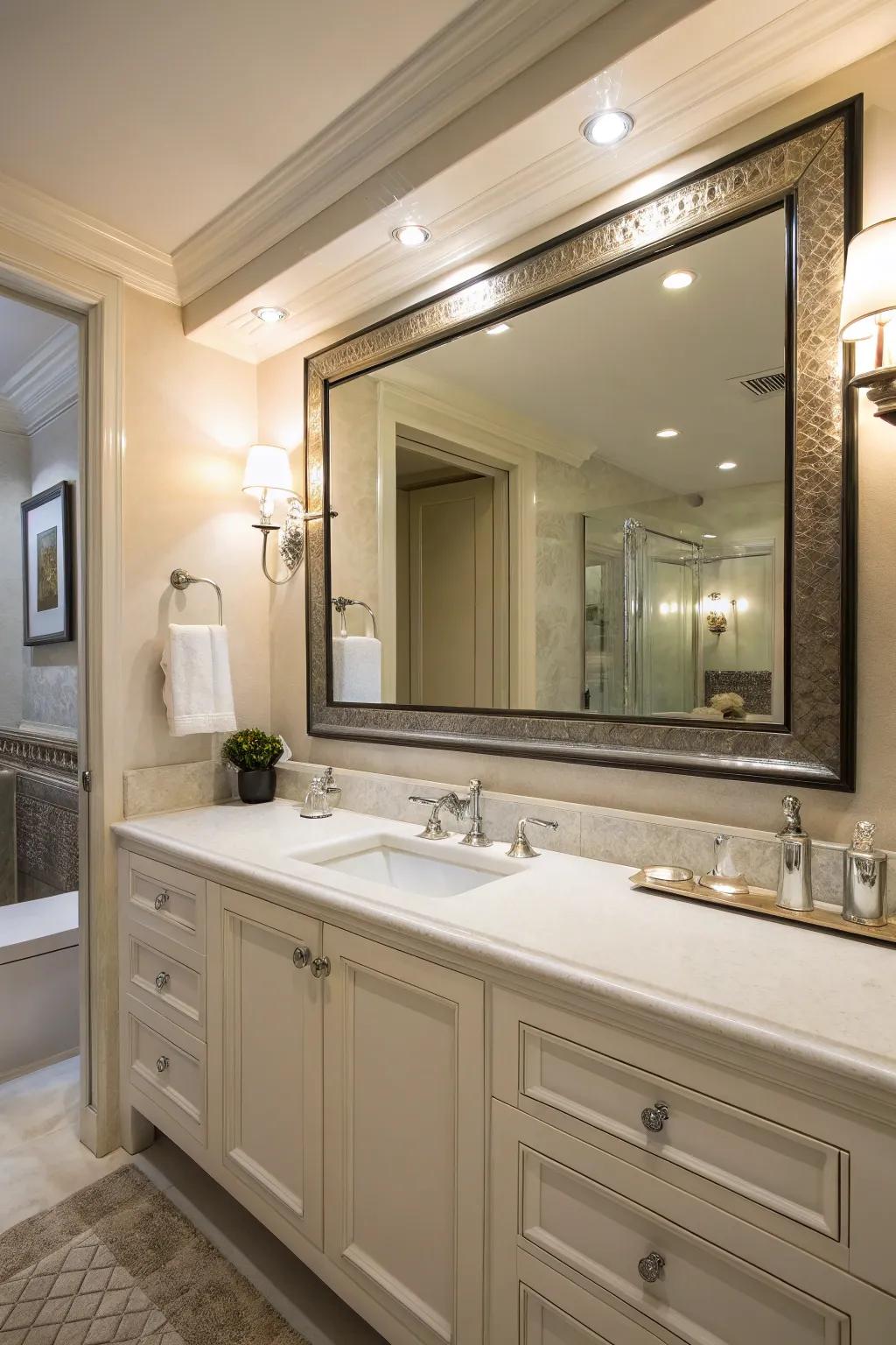 A tasteful washroom reflector contributes a hint of allure to daily routines.