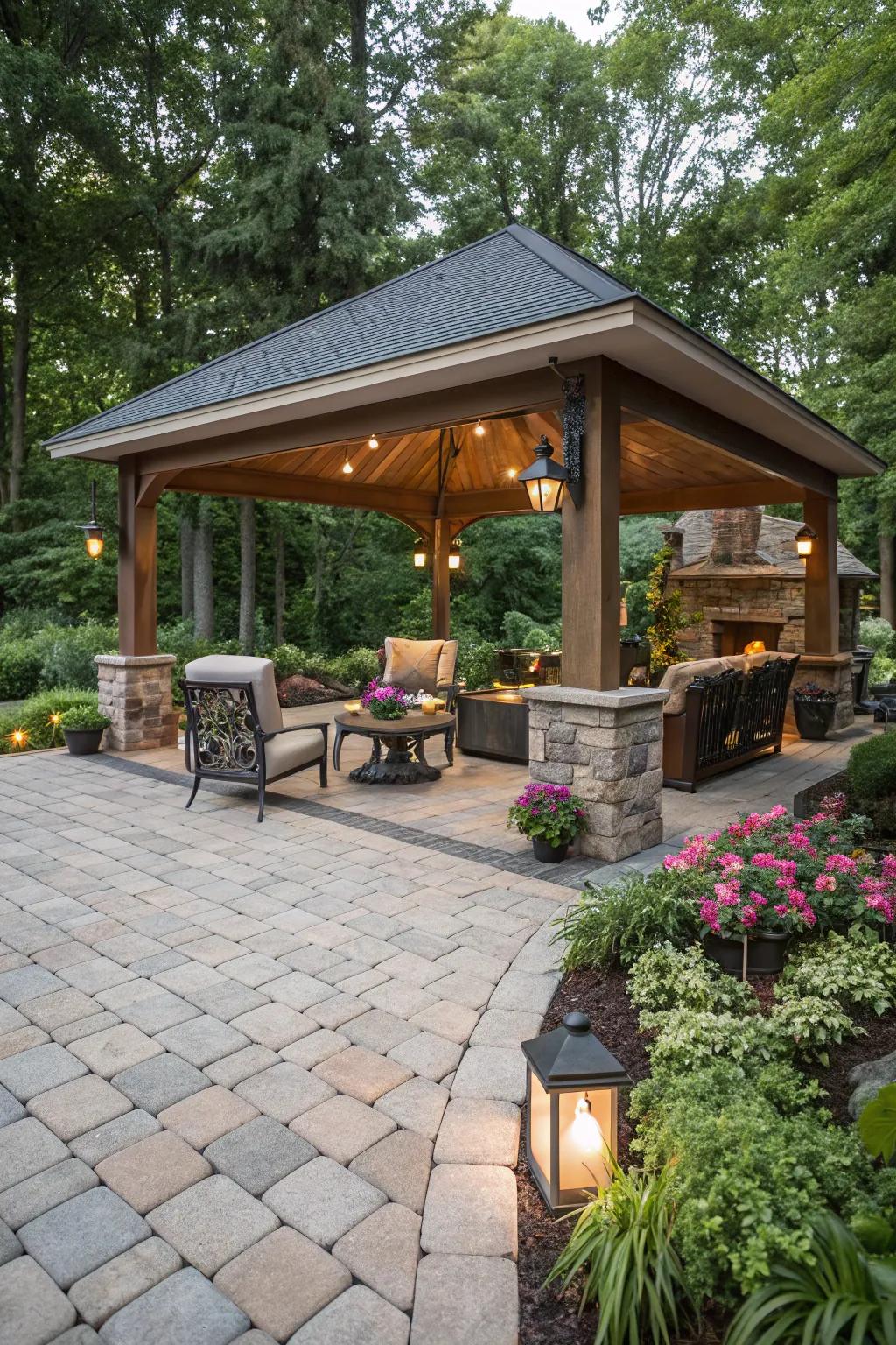 A covered area appends adaptability to this patio.
