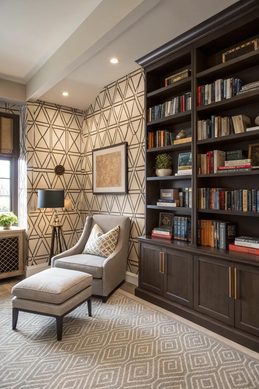 Geometric patterns add a modern twist to the library design.