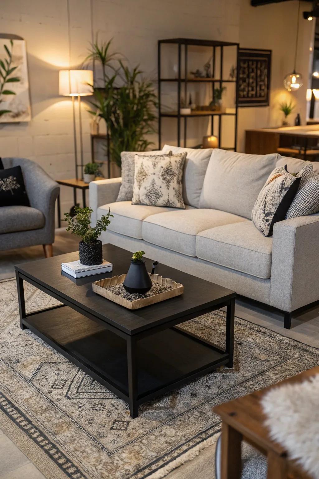 Darker elements allow the lightness of a room to be balanced when pairing with a light grey couch.