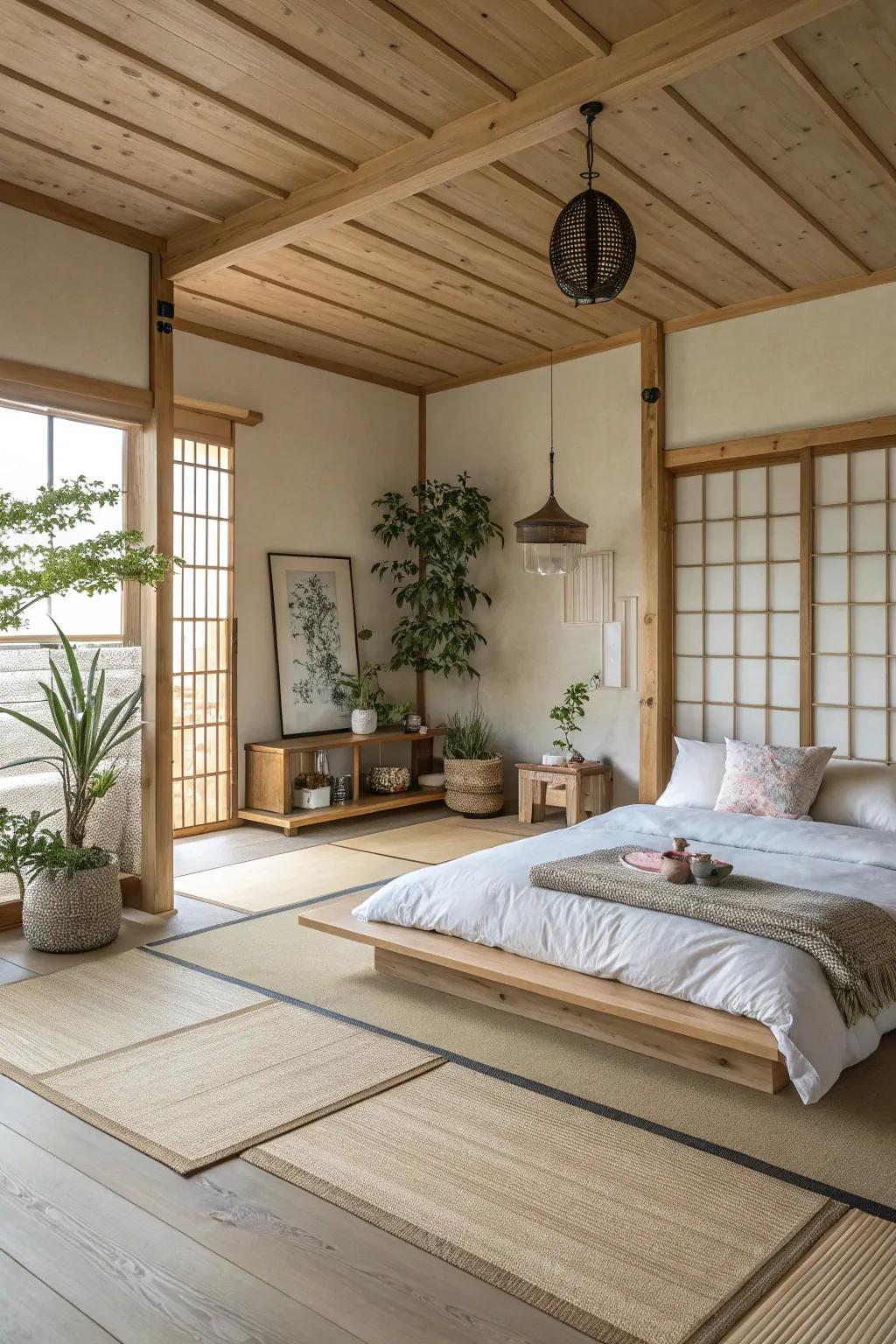 A peaceful retreat promoting tranquility alongside light wood flooring.