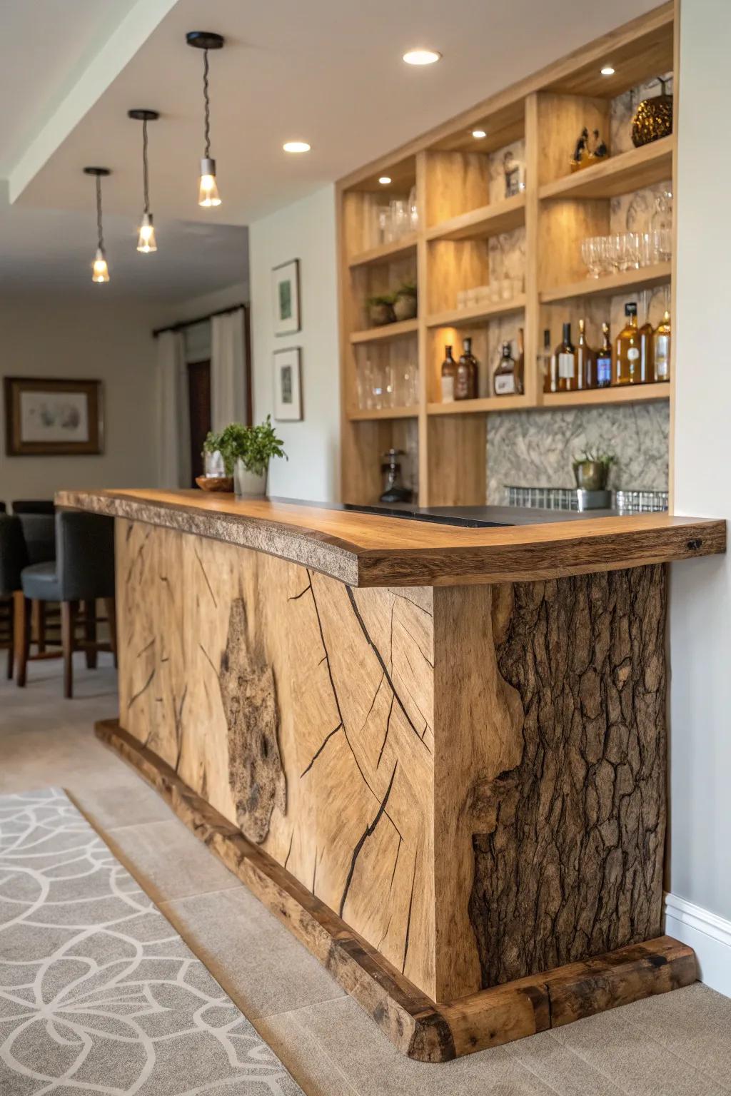 A custom natural-edge bar featuring built-in shelves and unique finishes, tailored to personal taste.