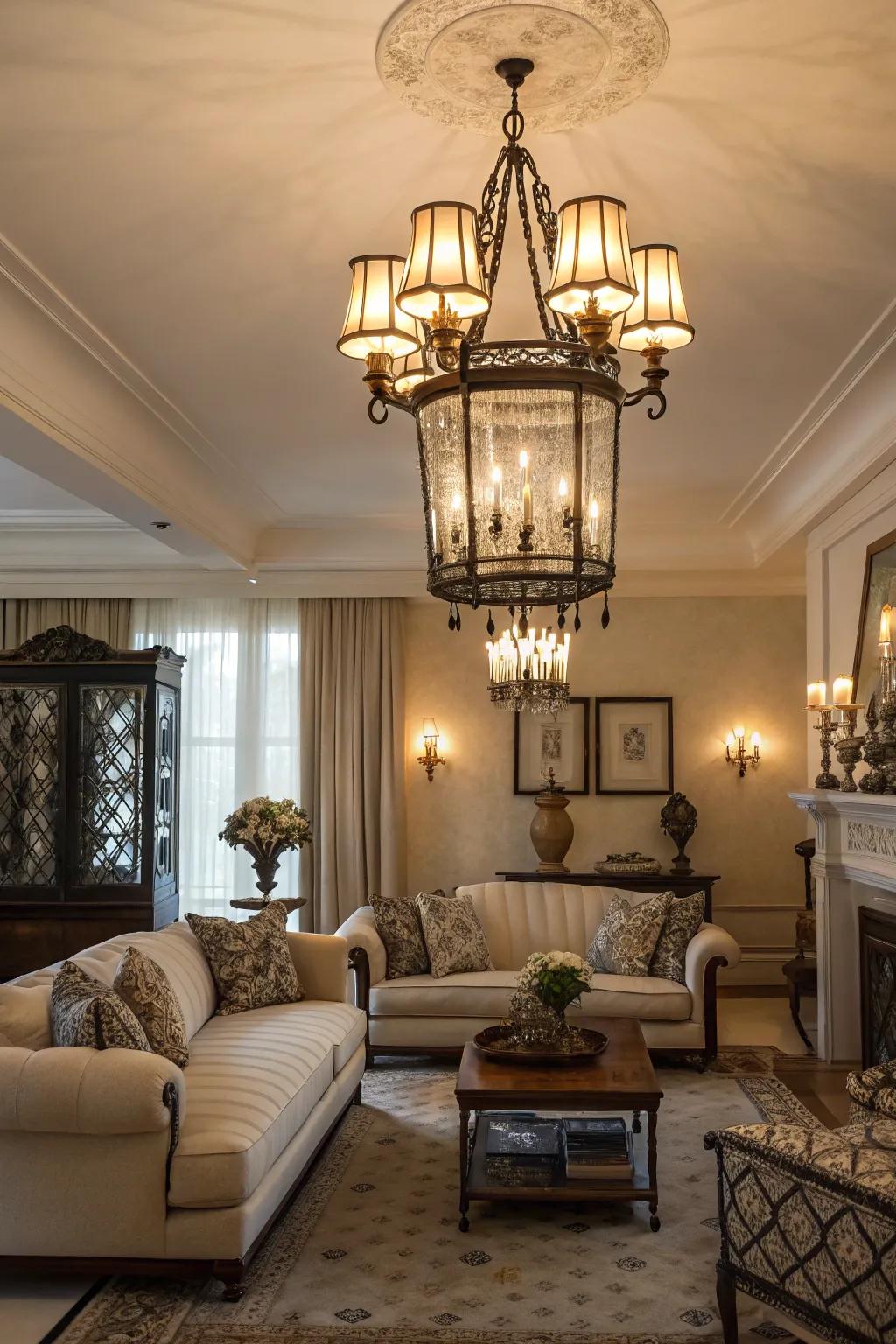 A living room spotlights a chandelier featuring vintage-inspired lanterns.