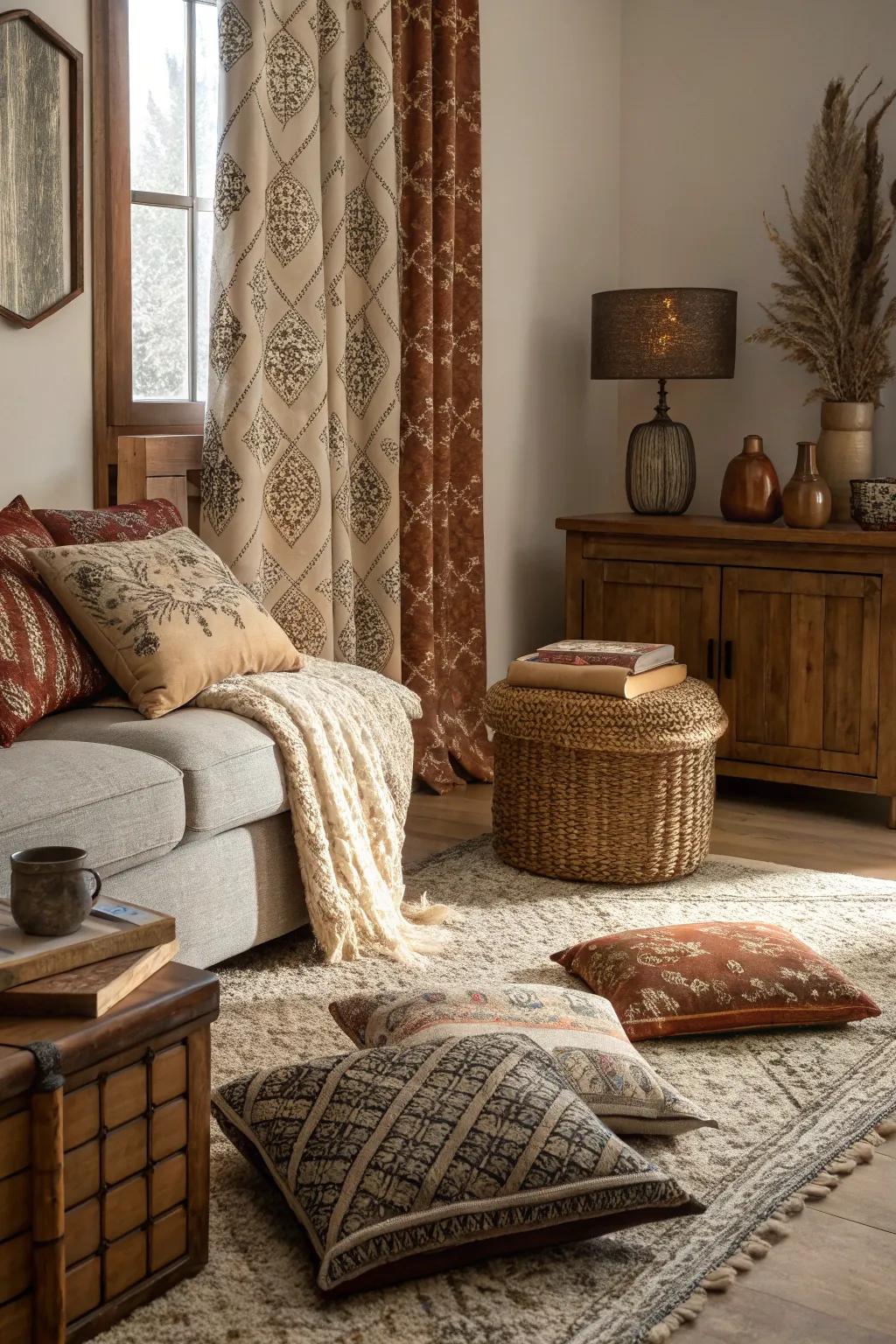 Layered textures add depth to the living area.