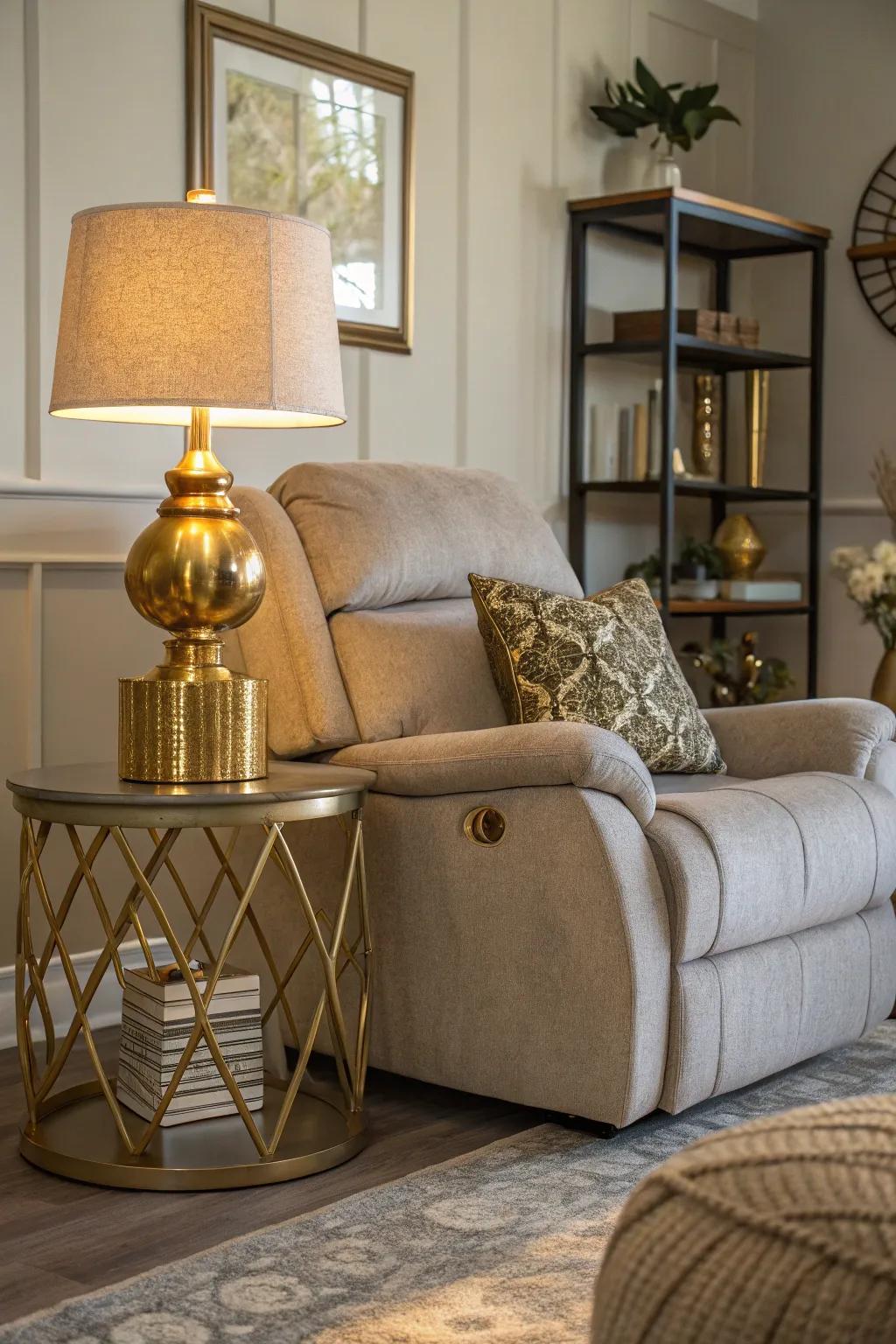 An elegant touch with metal accents around the recliner.
