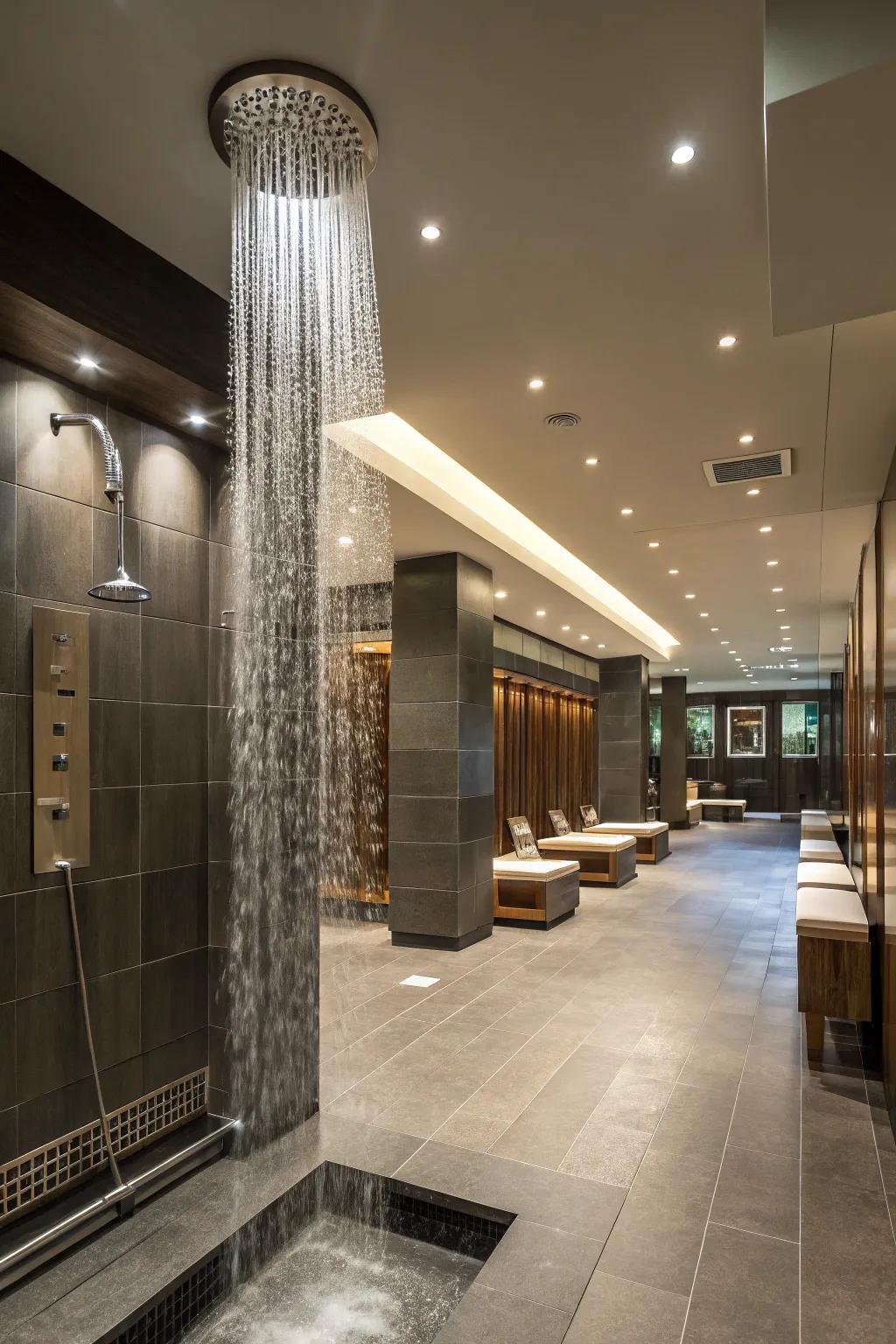 Waterfall shower fixtures offer a spa-like experience.