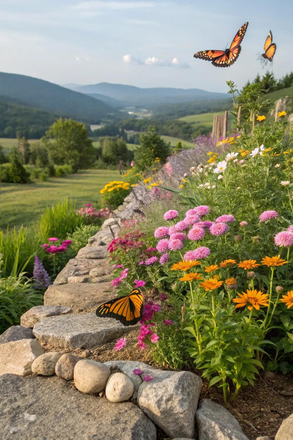 Wildflowers bring color and vibrancy to rock garden borders.