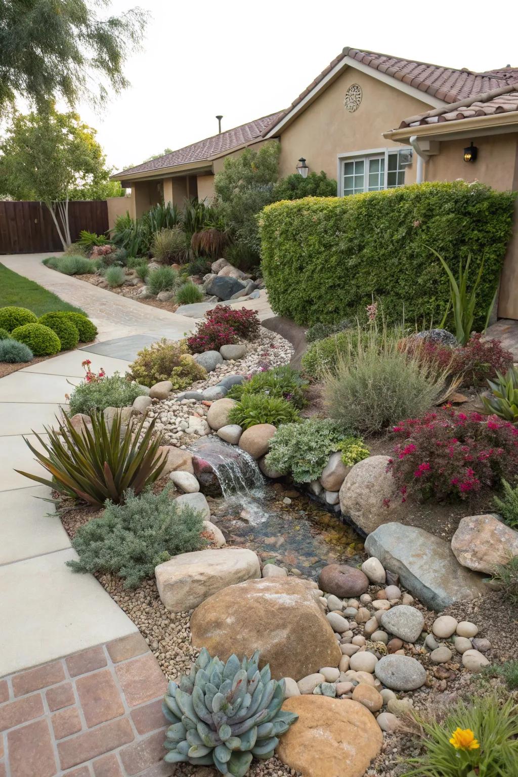 A small water feature introduces tranquility to a xeriscape front garden.