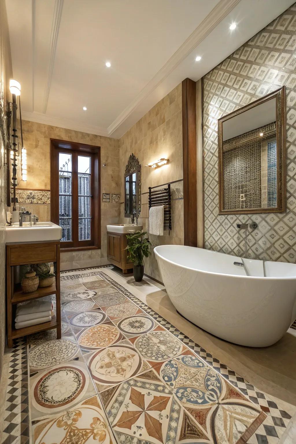 A luxury bathroom featuring distinct tile layouts.