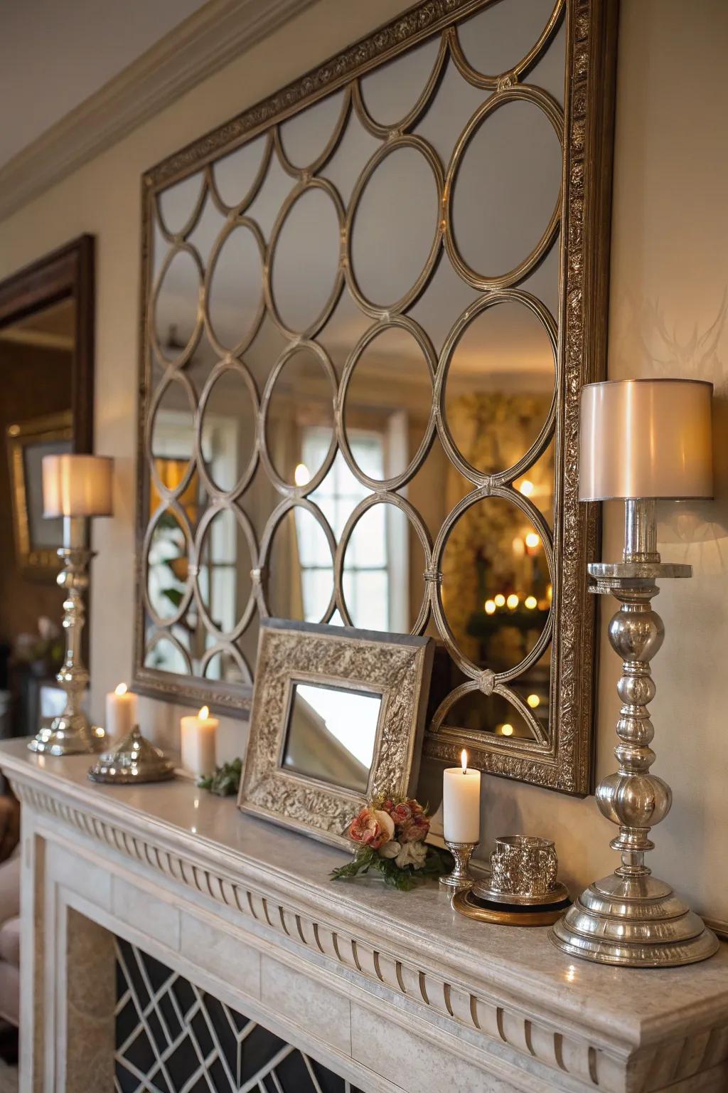 Layered mirrors add depth and drama to a mantel.