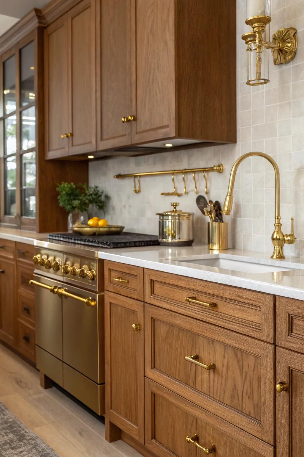 An elegant kitchen featuring birch units with glamorous metallic accents.