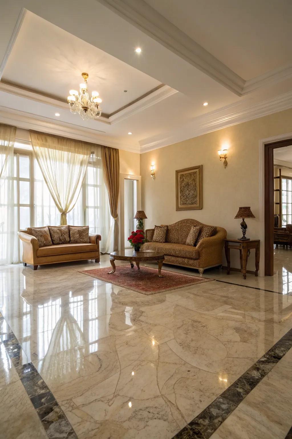 Polished stone reflects light, enhancing radiance.