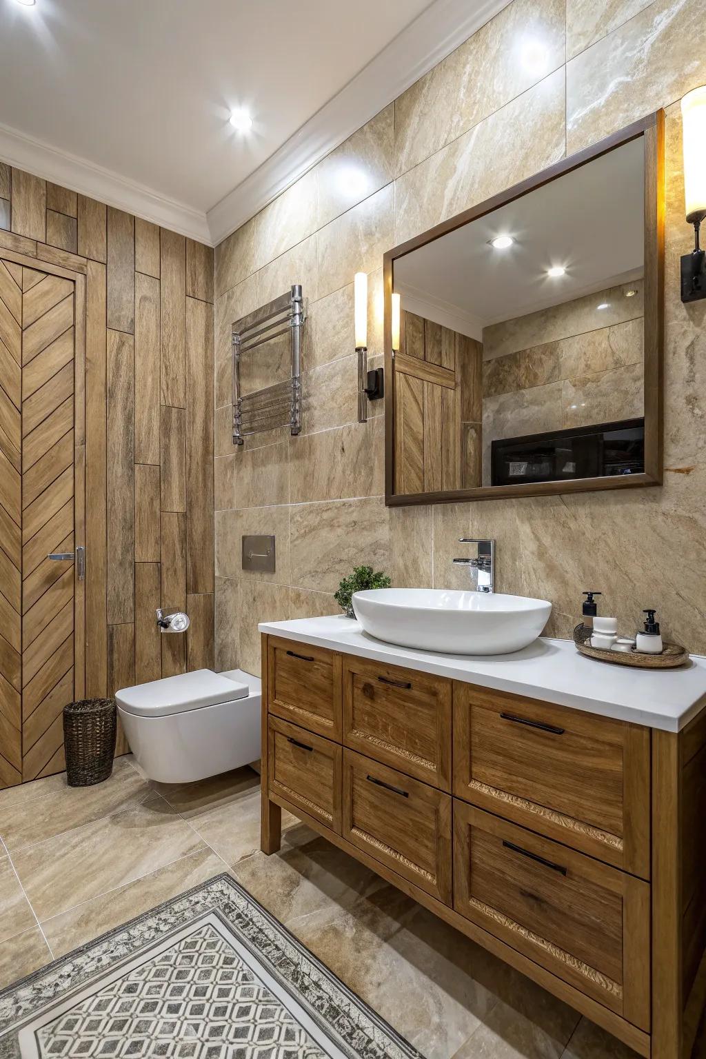 Wood-look artificial marble stone surfaces add rustic charm and elegance.