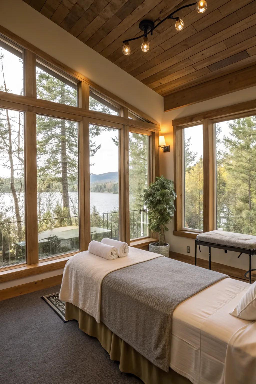 A massage space bathed in natural light from big windows.