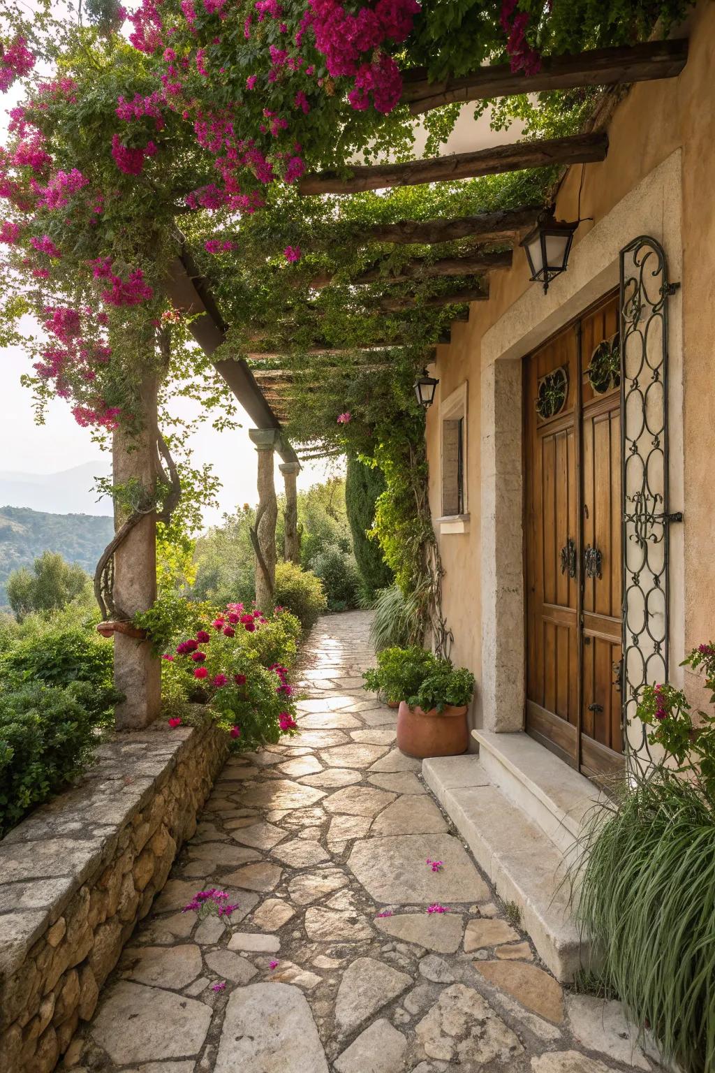 Unaltered stone passageways elevate the veranda with unaffected elegance.