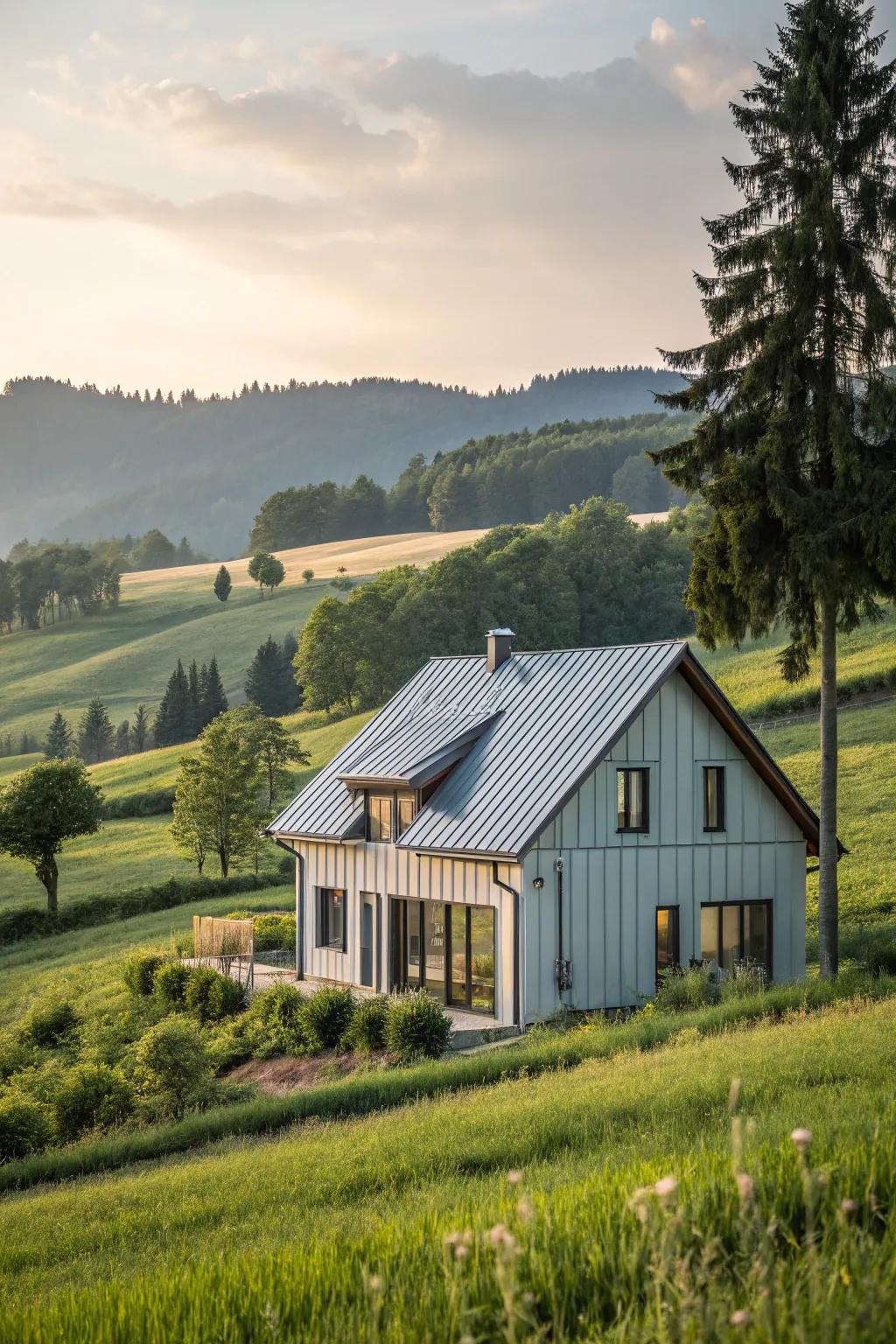 A picturesque countryside home blending cottage-style beauty with modern metal cladding.