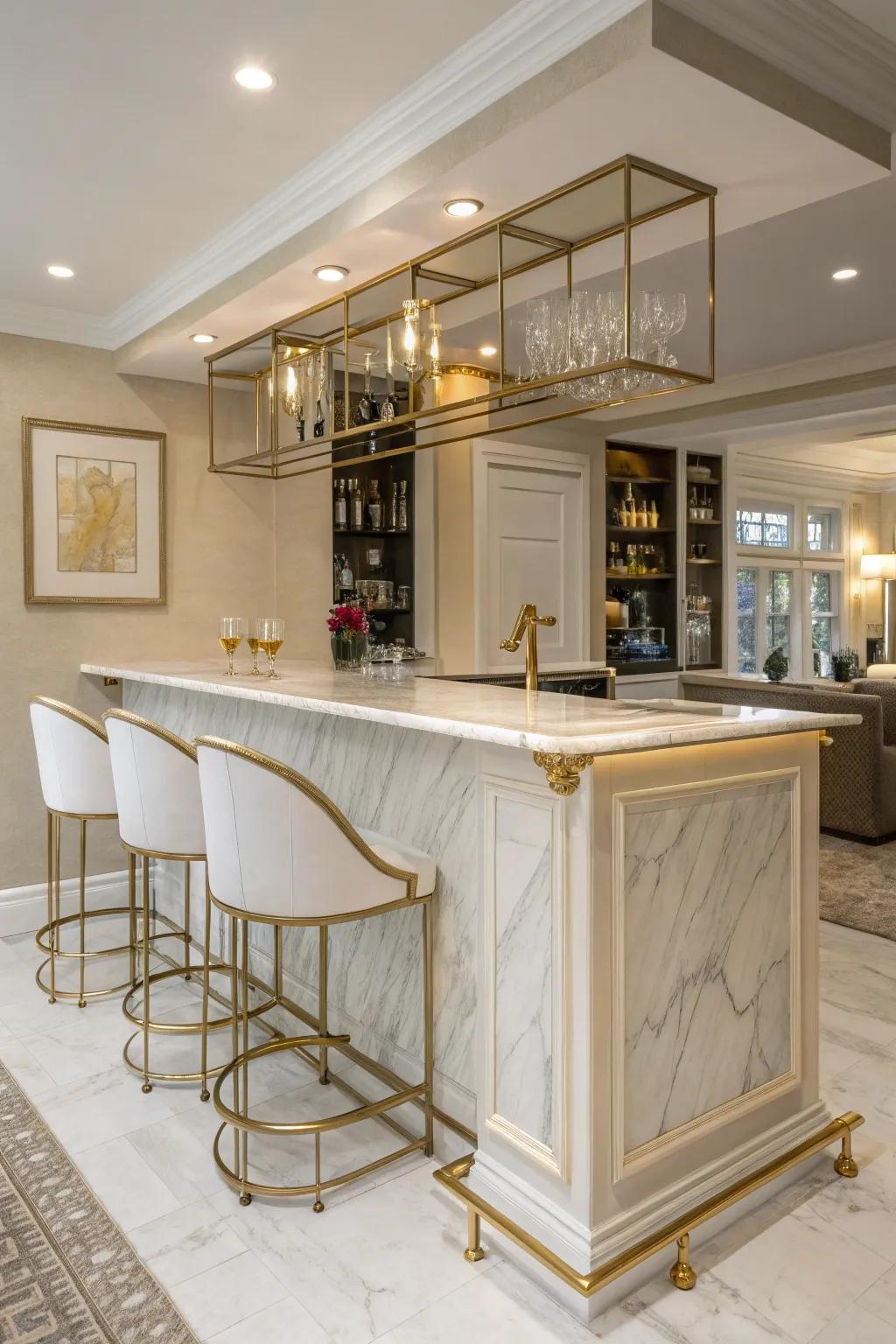 Opulent materials such as marble and gold elevate a home bar’s elegance.