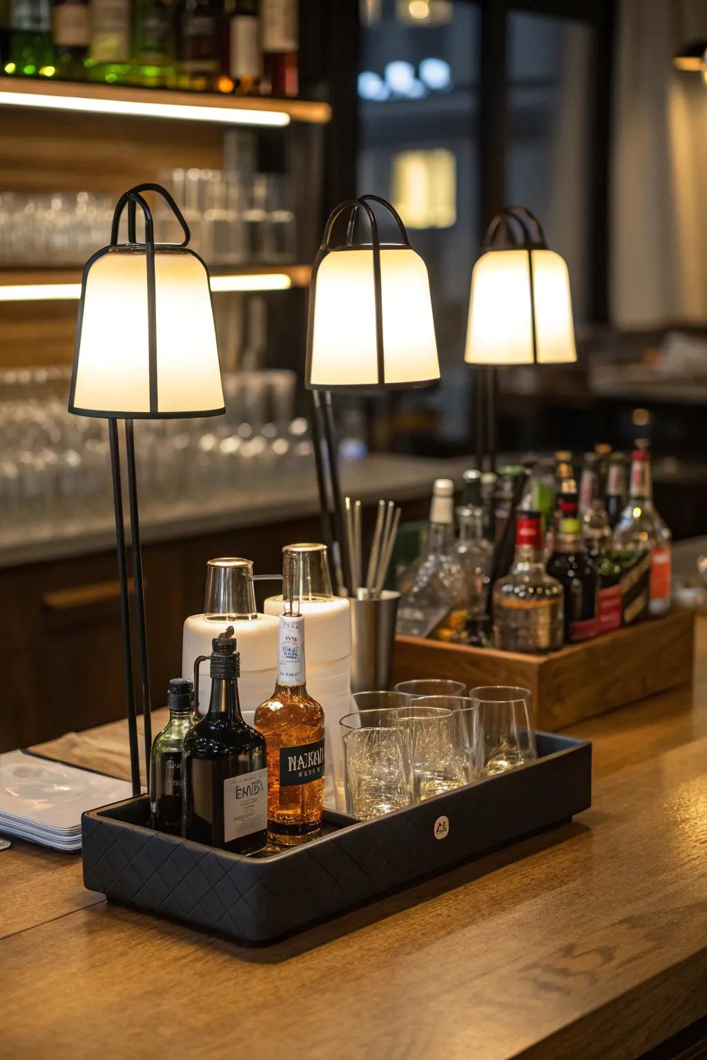 Moveable lamps offer flexible illumination options for the home bar.