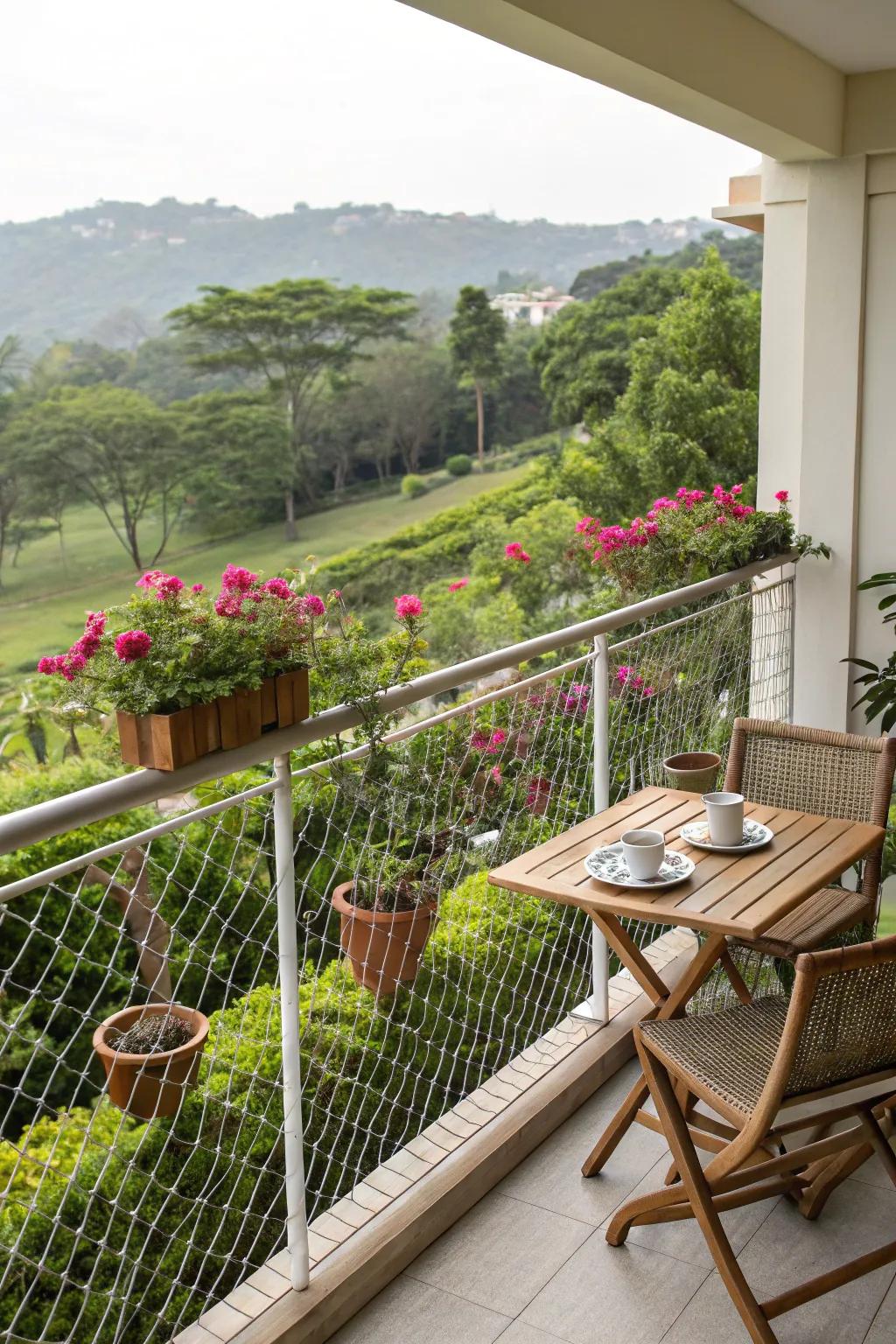 Balcony featuring woven wire railings and a lush garden view