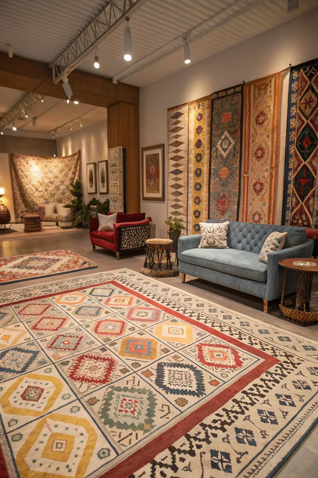 A room featuring mixed patterned floor coverings for a playful and dynamic look