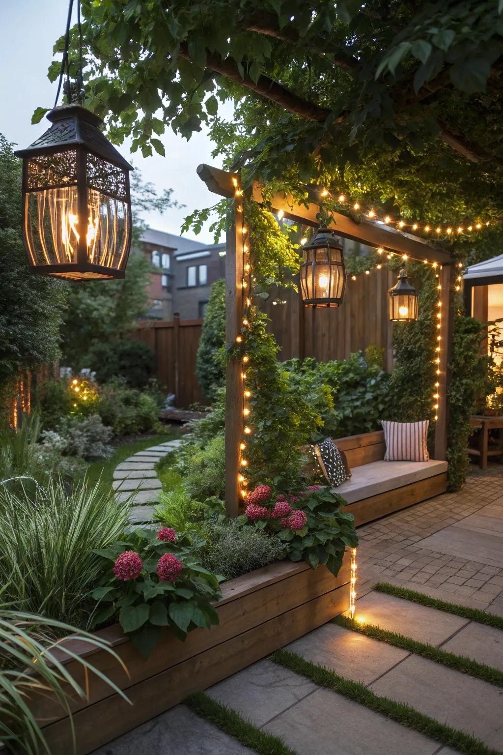 Illumination improves the functionality and mood of garden nooks.