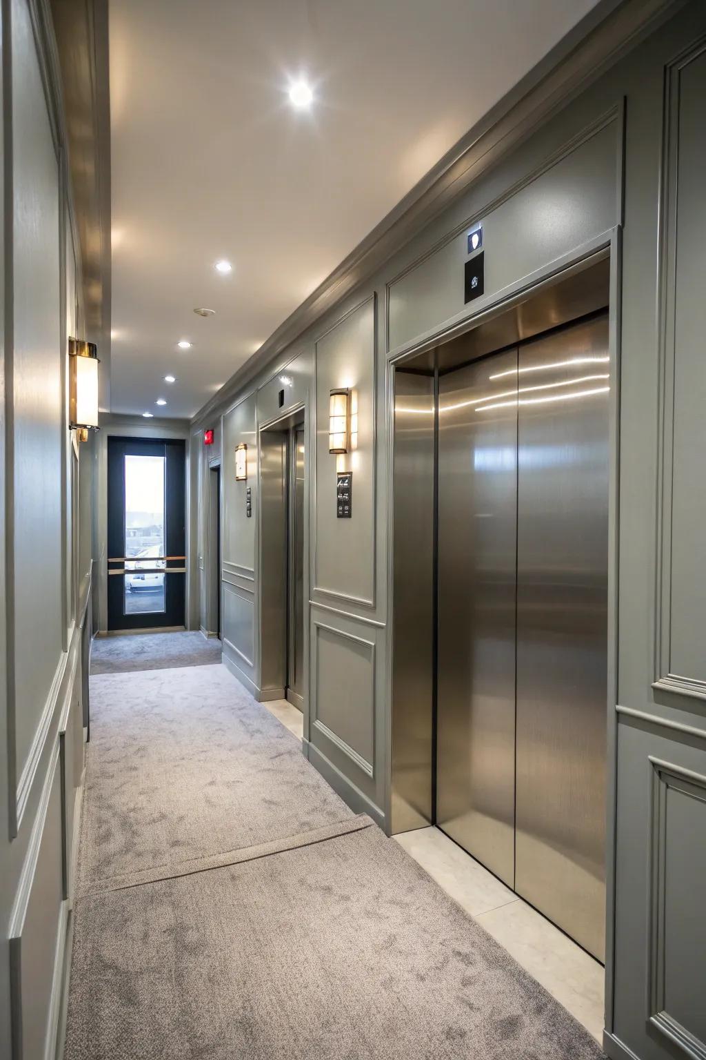 An elevator interior incorporating surrounding sounds for a comforting encounter.