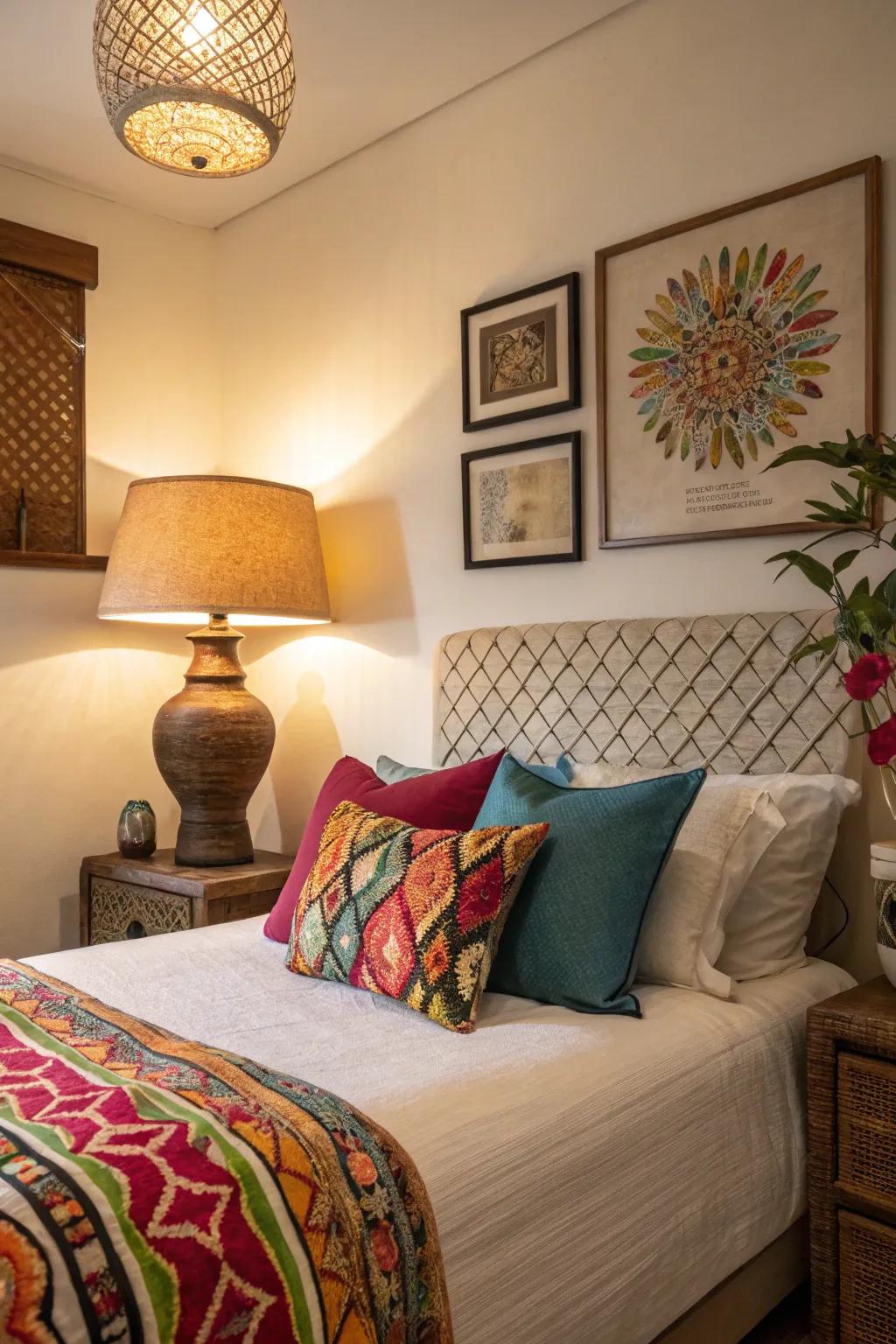 A splash of color adds energy to this serene farmhouse guest bedroom.