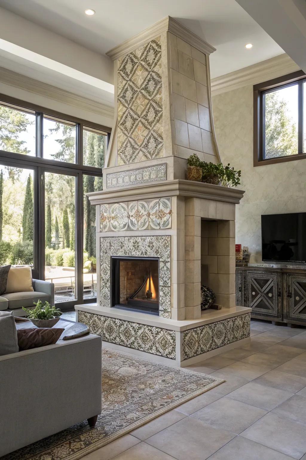 Adaptable clay tile fireplace adapting to any style.
