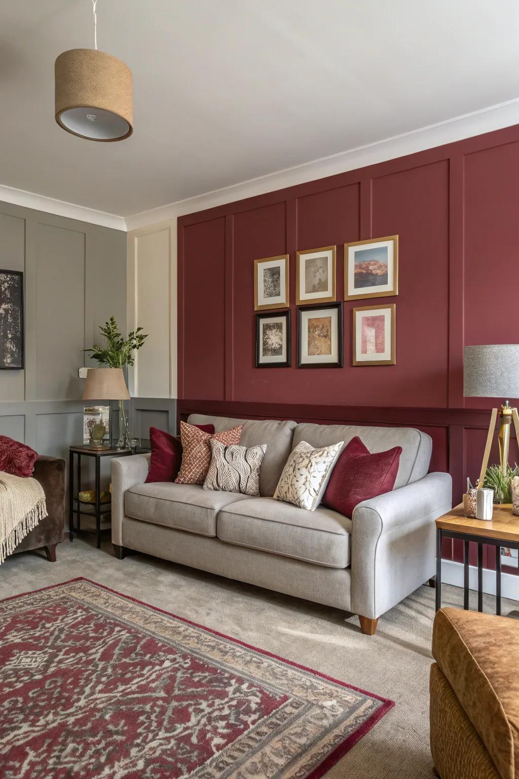 Living area featuring color-blocked walls in wine and slate.